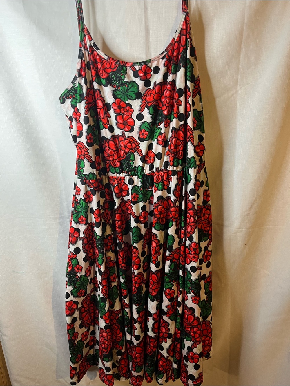 Red Floral Midi Dress with Green Leaves and Black Dots